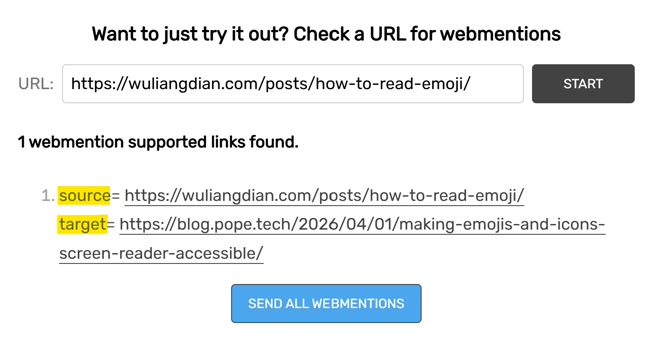 webmention.app网页界面,从上到下依次是「Source」源文章网址、「Target」目标网址以及发送按钮